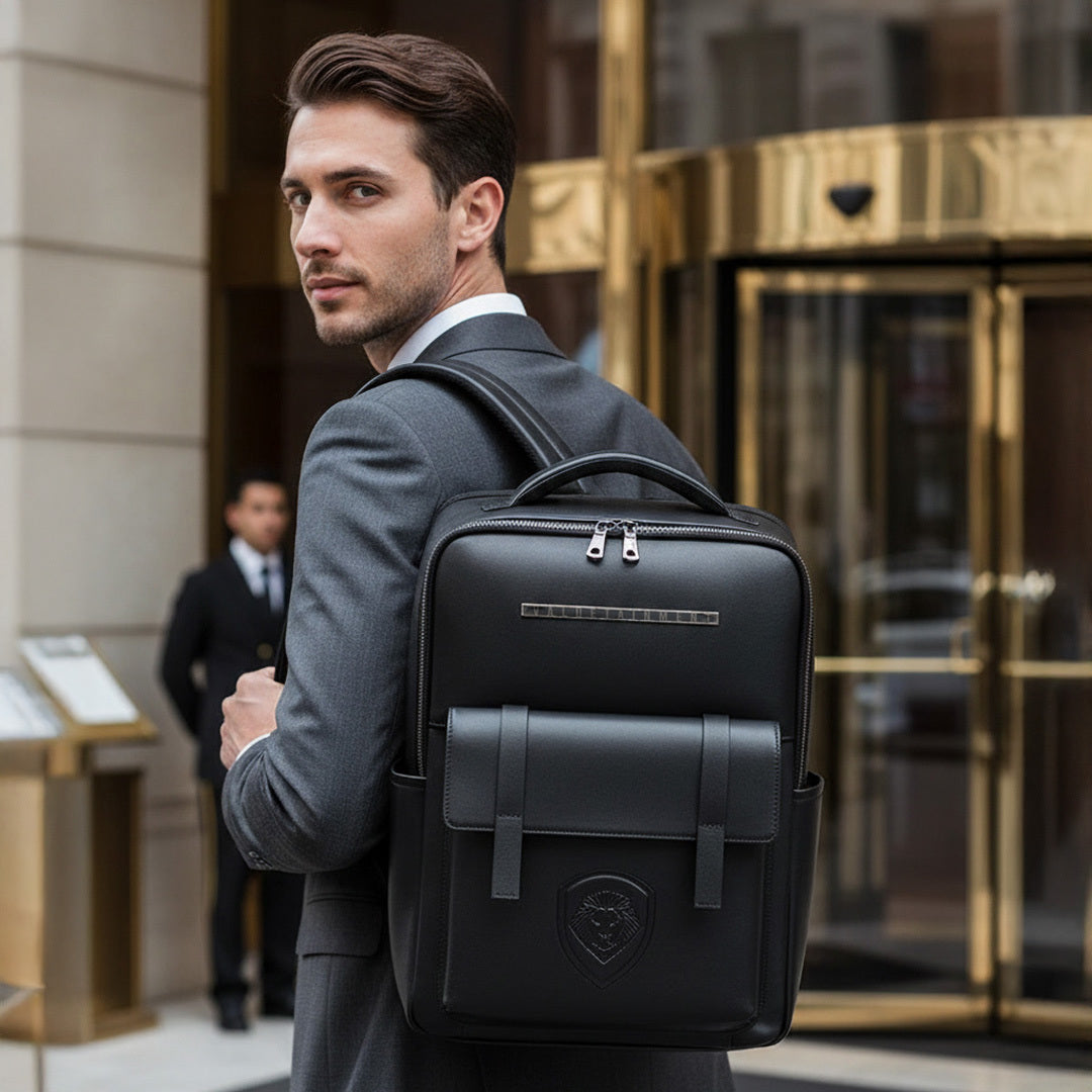 Valuetainment Embossed Lion Shield Premium Leather Backpack
