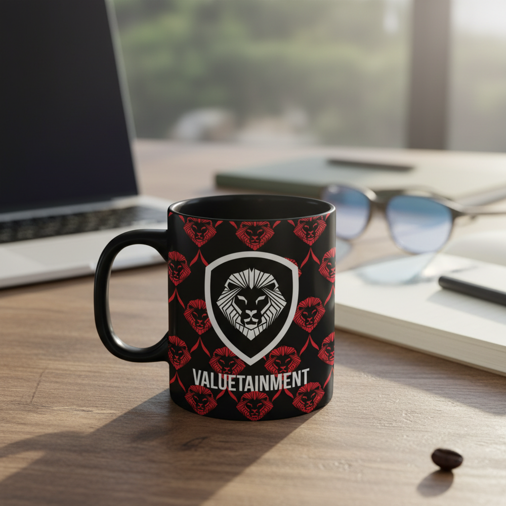Future Looks Bright Black and Red Allover Print Lion Shield Mug