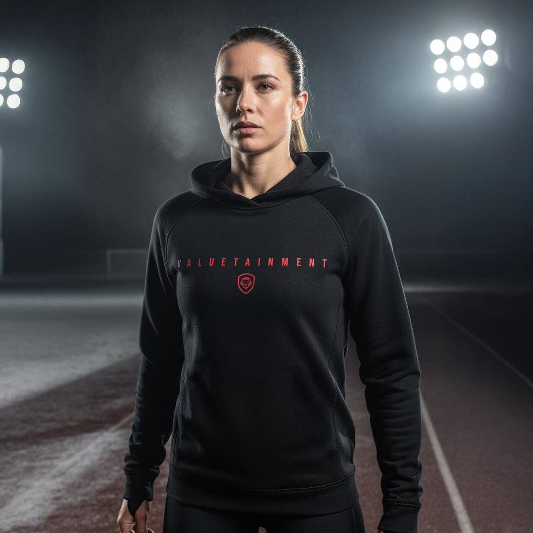 Valuetainment Black and Red Lion Shield Pullover Performance Hoodie