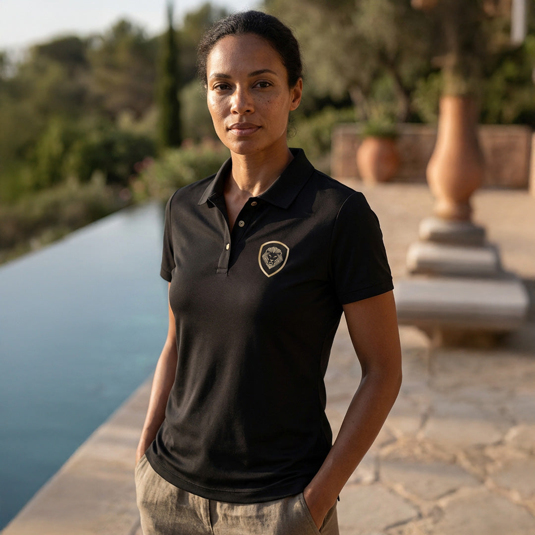 Women's Lion Shield Black and Gold Performance Short Sleeve Polo