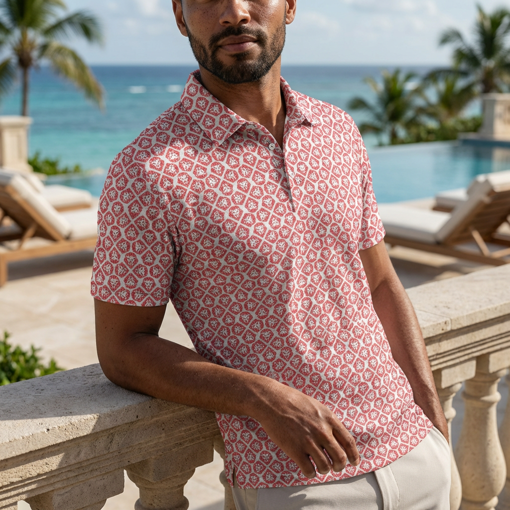 Lion Shield Red and White Pattern Print Short Sleeve Polo (Classic Fit)