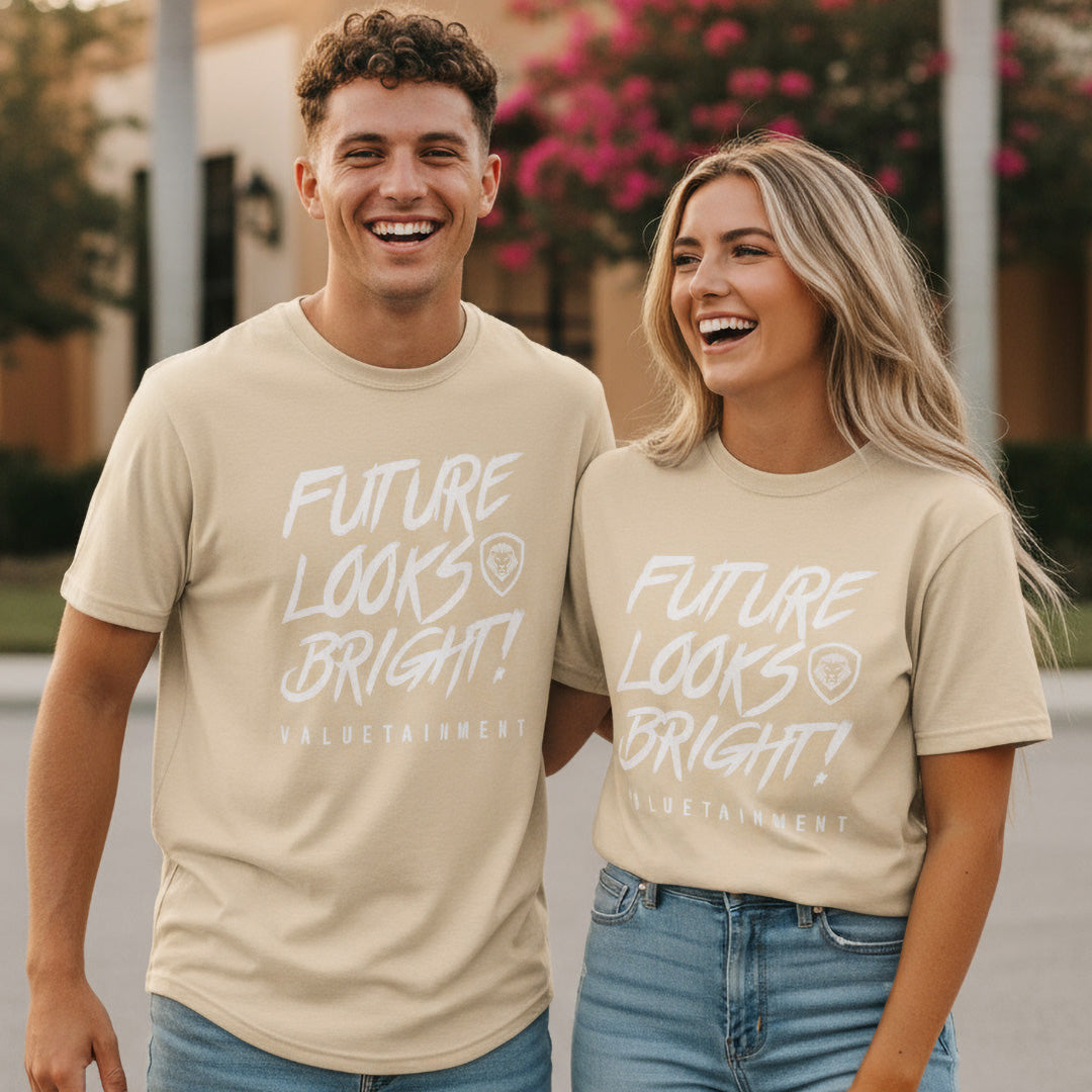 Future Looks Bright Premium Curved Hem Cream and White Short Sleeve T-Shirt