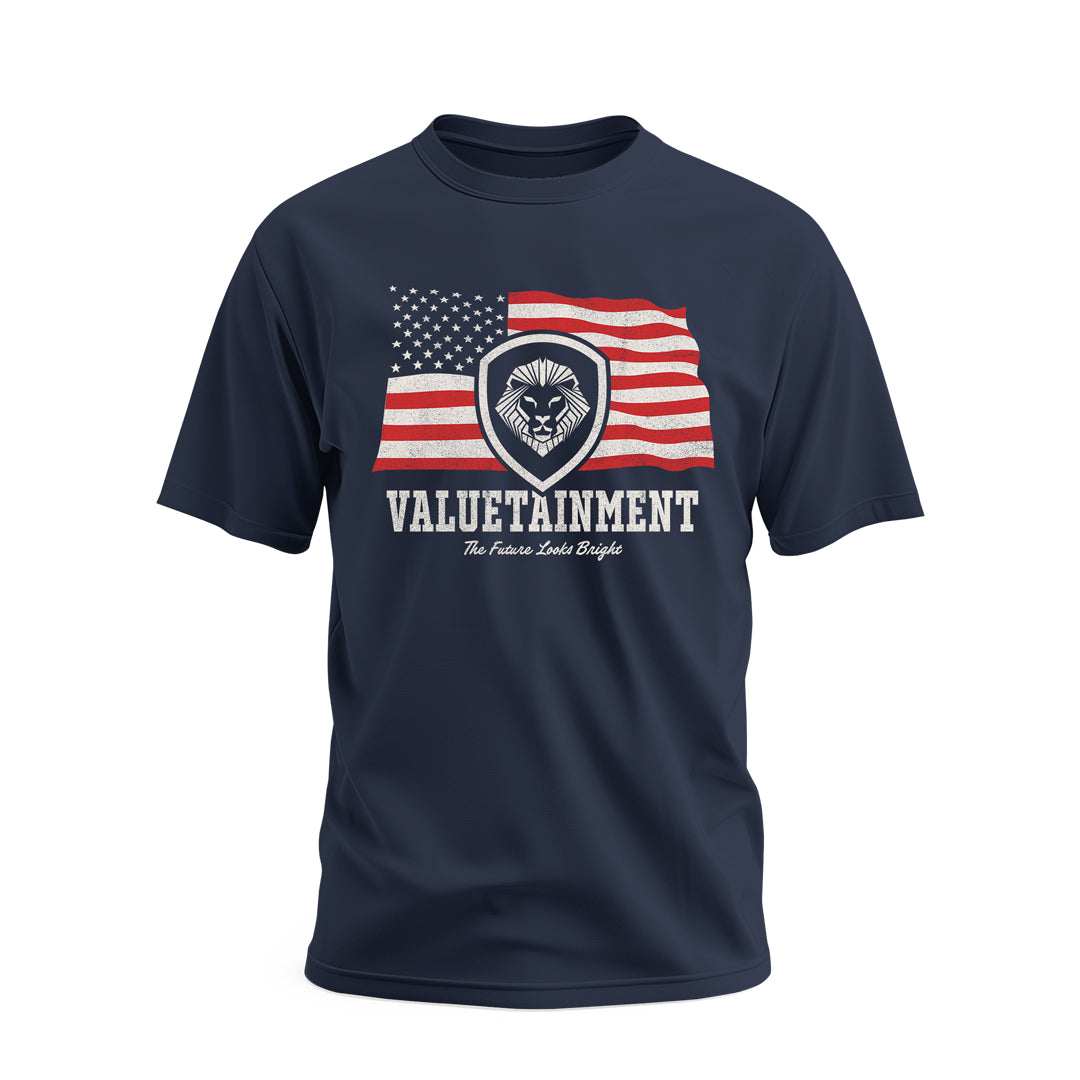 Future Looks Bright Navy Valuetainment Lion Shield Flag Short Sleeve T-Shirt