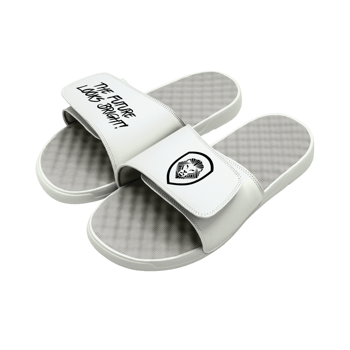 Future Looks Bright Lion Shield White and Black Comfort Slides