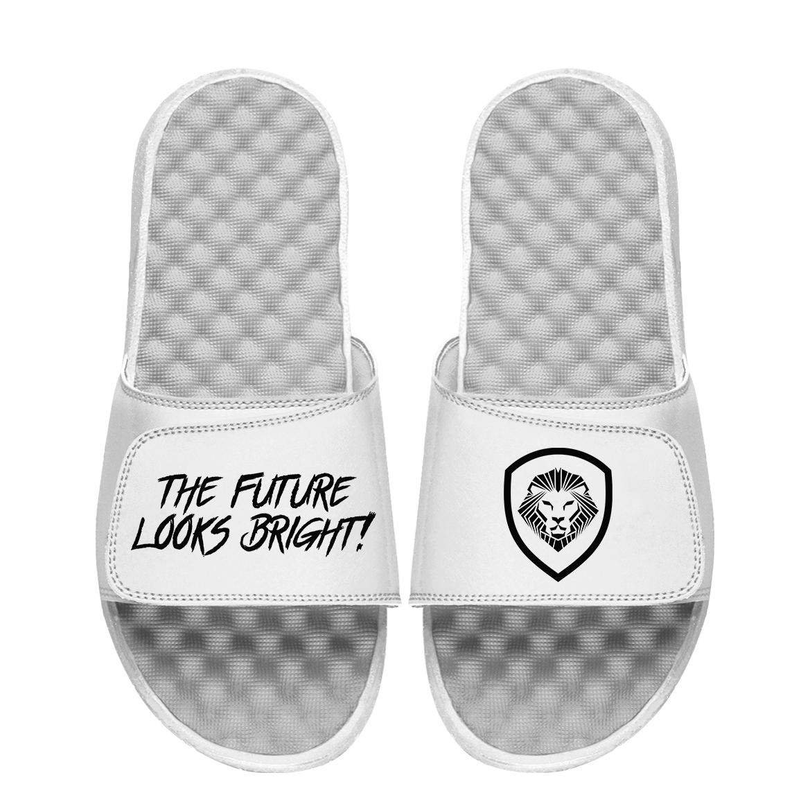Future Looks Bright Lion Shield White and Black Comfort Slides