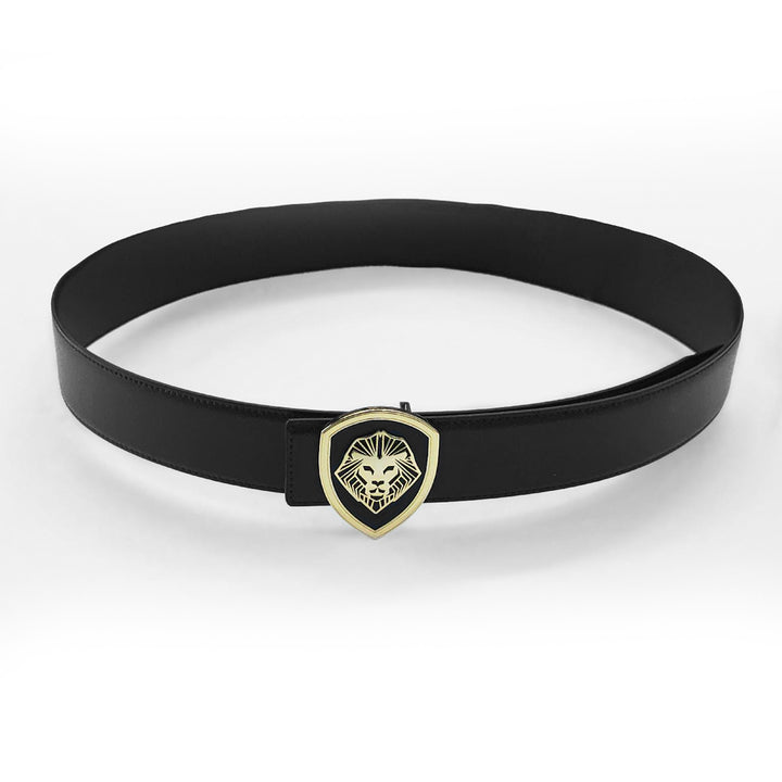 Valuetainment Genuine Leather Black with Gold Lion Shield Buckle Belt