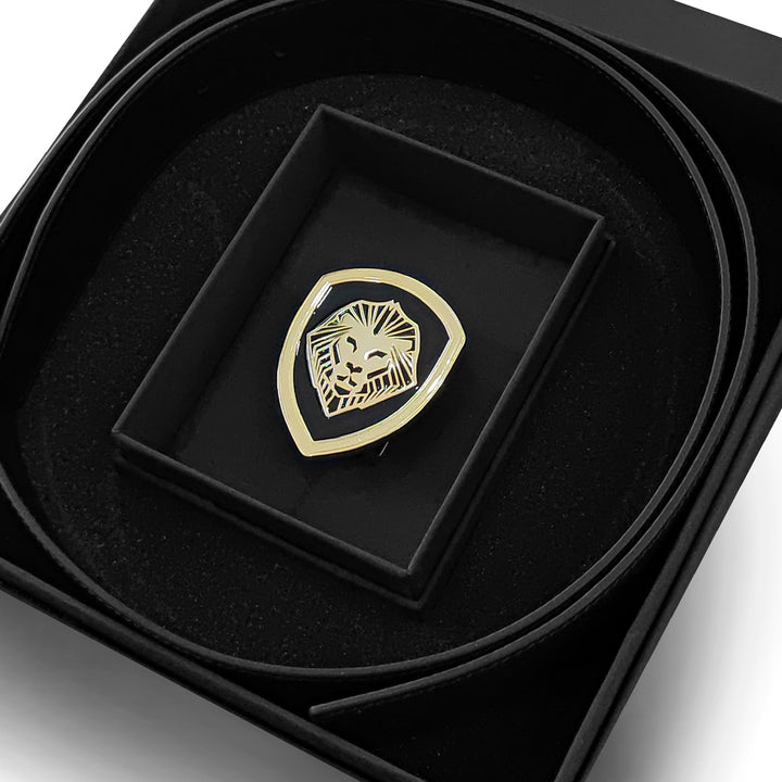 Valuetainment Genuine Leather Black with Gold Lion Shield Buckle Belt