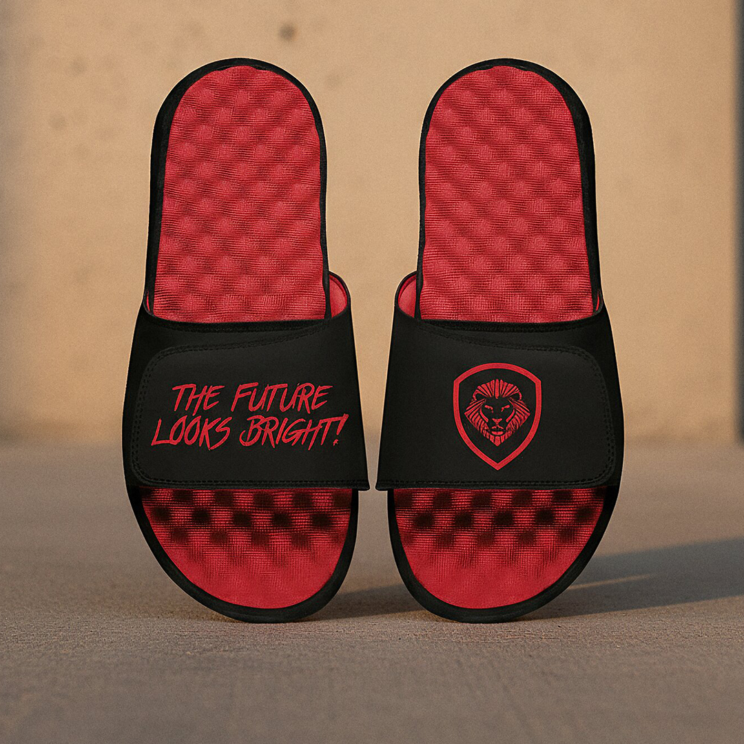 Future Looks Bright Lion Shield Black and Red Comfort Slides