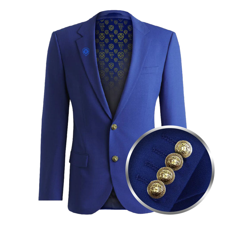 Valuetainment Lion Shield Embroidered Royal Blue Lightweight Wool Blazer