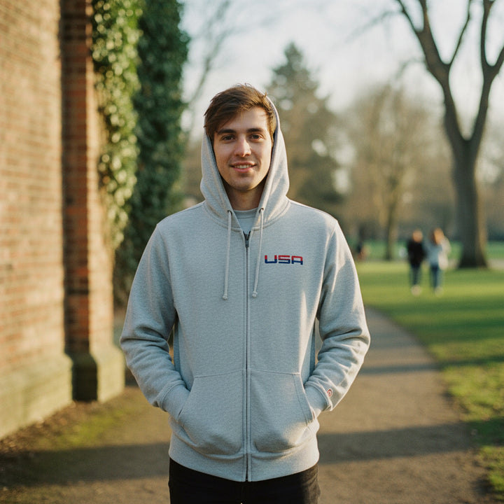 Retro USA Grey Embroidery Valuetainment Performance Full Zip Hoodie