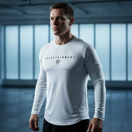 Valuetainment Premium White Curved Hem Long Sleeve T-Shirt