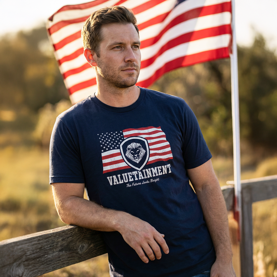 Future Looks Bright Navy Valuetainment Lion Shield Flag Short Sleeve T-Shirt