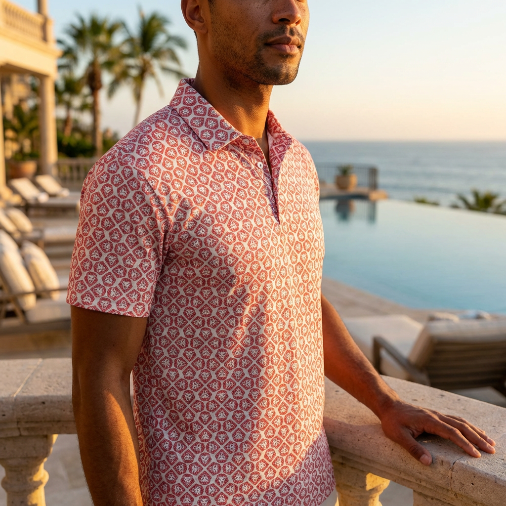 Lion Shield Red and White Pattern Print Short Sleeve Polo (Classic Fit)