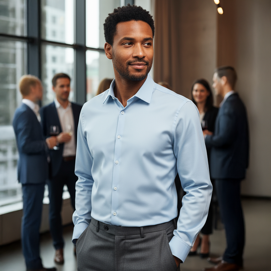 Valuetainment Men's Sky Blue Tencel Long Sleeve Button Down Shirt (Classic Fit)