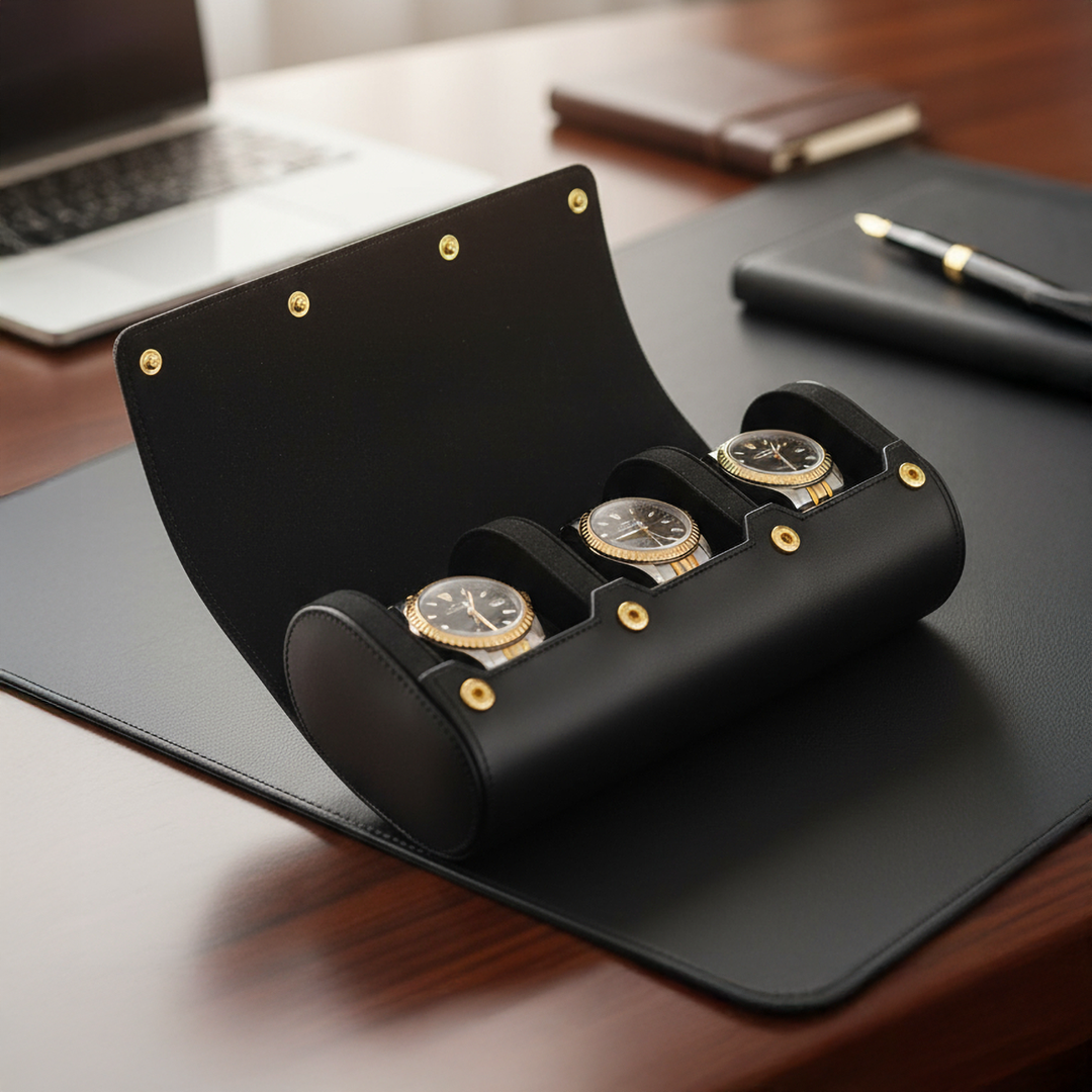 Future Looks Bright Black Embossed Leather Triple Watch Carrier