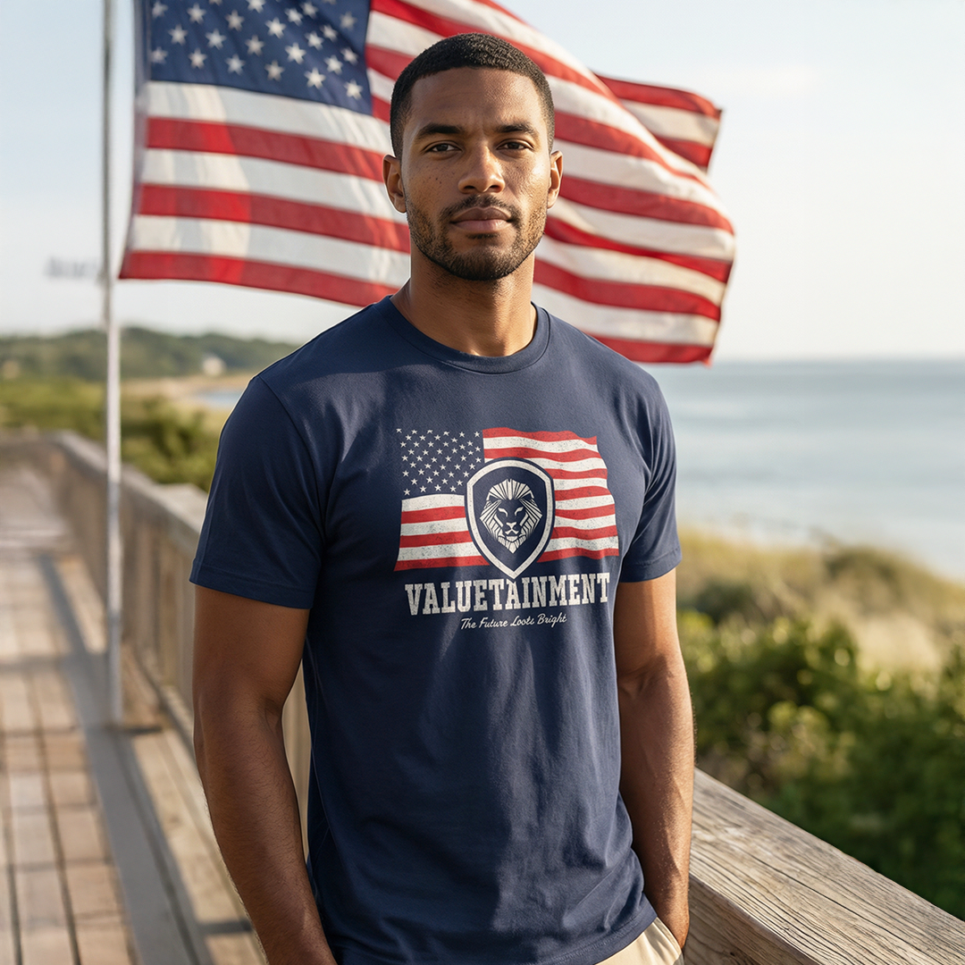 Future Looks Bright Navy Valuetainment Lion Shield Flag Short Sleeve T-Shirt