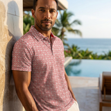 Lion Shield Red and White Pattern Print Short Sleeve Polo (Classic Fit)