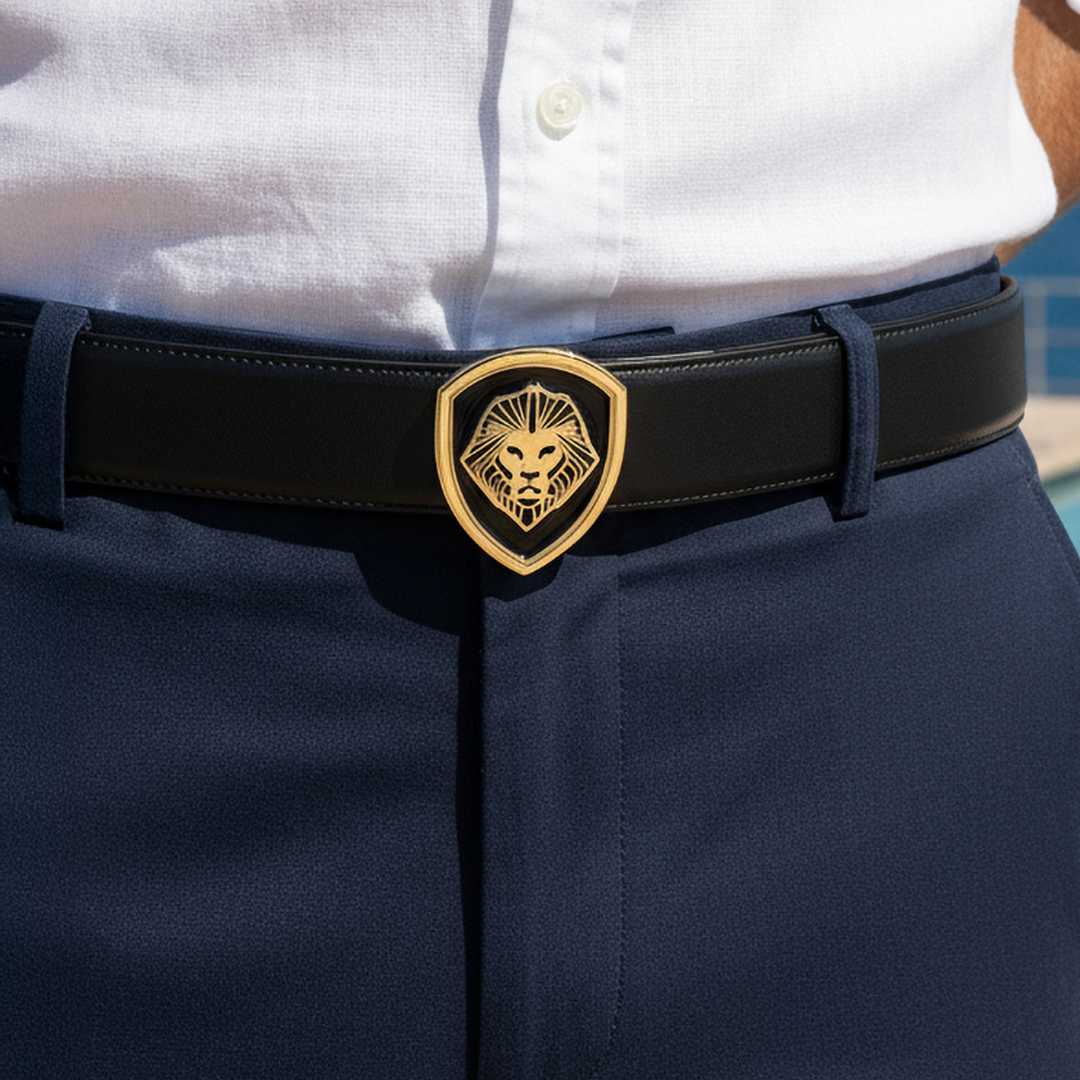 Valuetainment Genuine Leather Black with Gold Lion Shield Buckle Belt