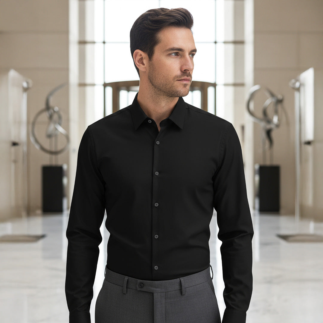 Valuetainment Men's Black Tencel Long Sleeve Button Down Shirt