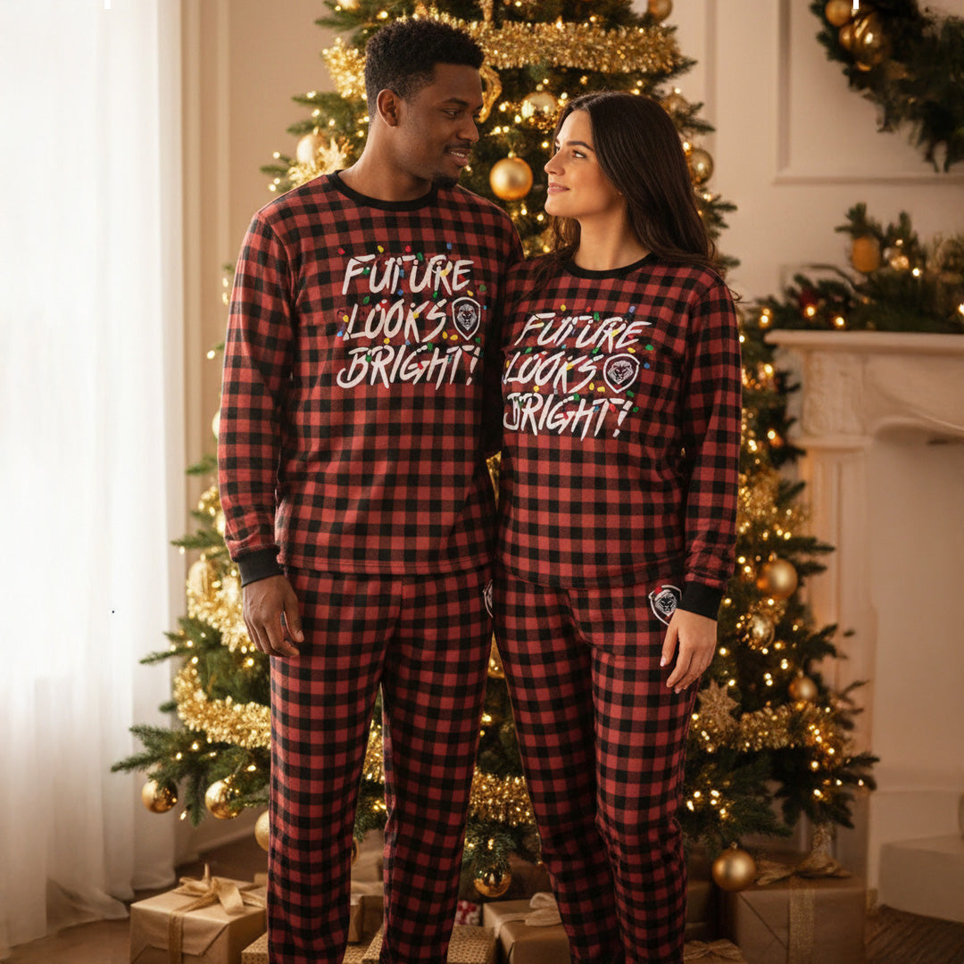 Future Looks Bright Christmas Lights Red and Black Plaid Pajama Set - Unisex
