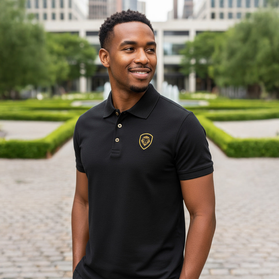 Future Looks Bright Lion Shield Logo Premium Black and Gold Polo