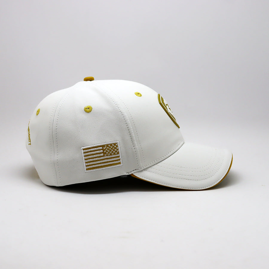 Future Looks Bright Lion Shield White and Gold Snapback Hat Future Looks Bright Lion Shield White and Gold Snapback Hat