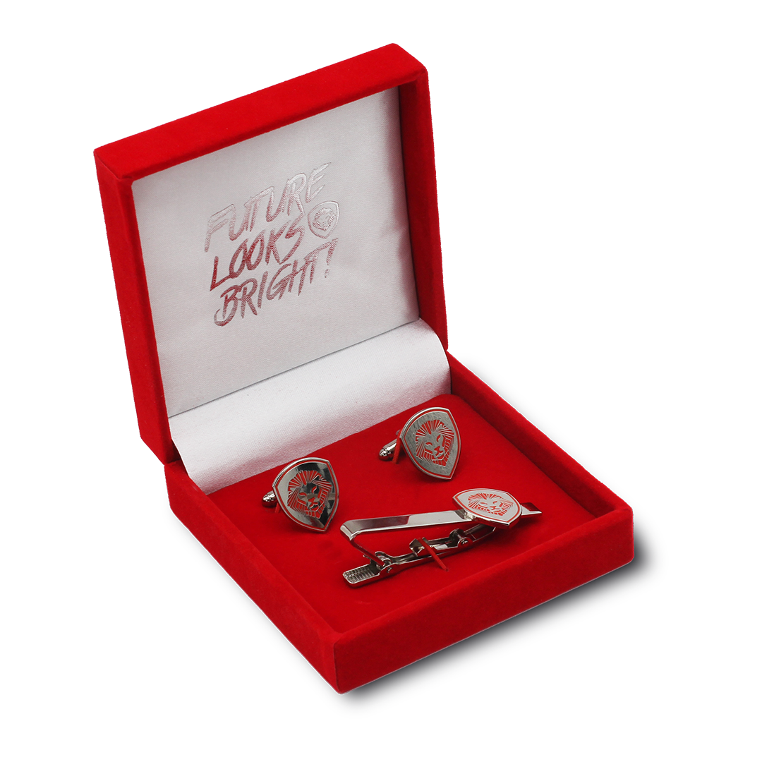 Lion Shield Valuetainment Red & Silver Cufflink & Tie Bar Set