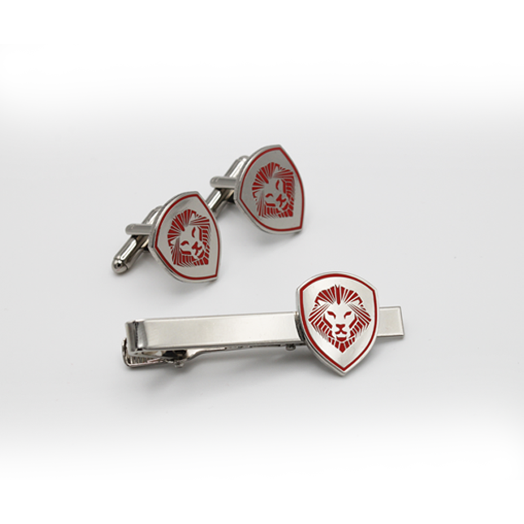 Lion Shield Valuetainment Red & Silver Cufflink & Tie Bar Set