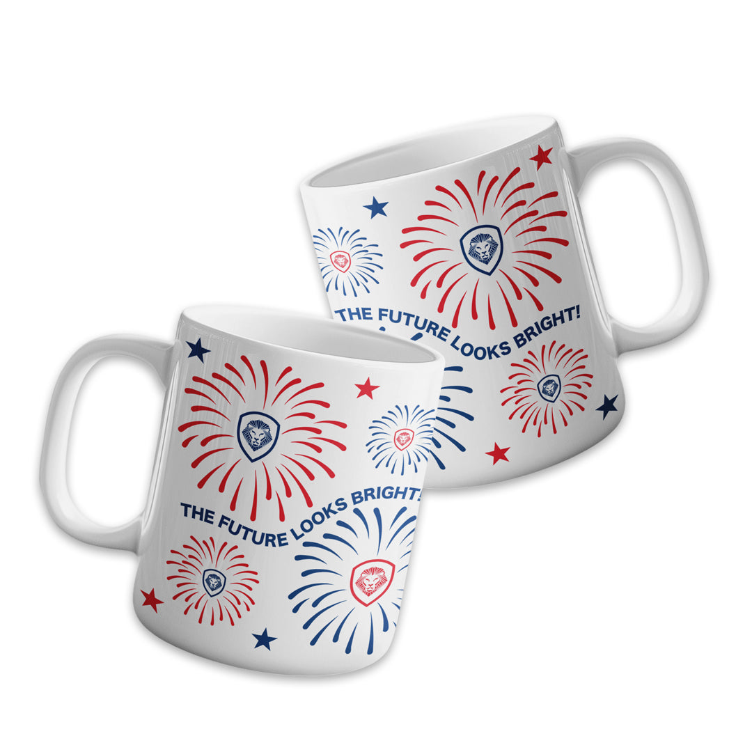 Future Looks Bright Lion Shield Fireworks Mug