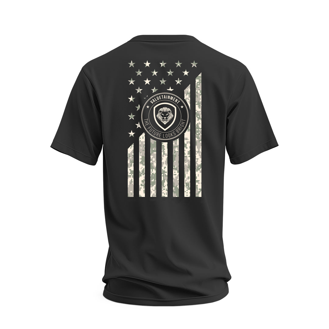 Future Looks Bright Black Valuetainment Lion Shield Flag Short Sleeve T-Shirt
