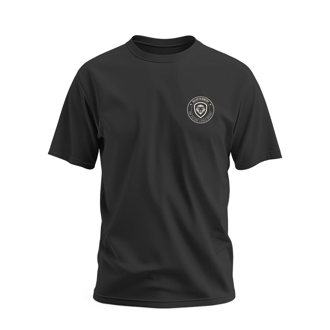Future Looks Bright Black Valuetainment Lion Shield Flag Short Sleeve T-Shirt