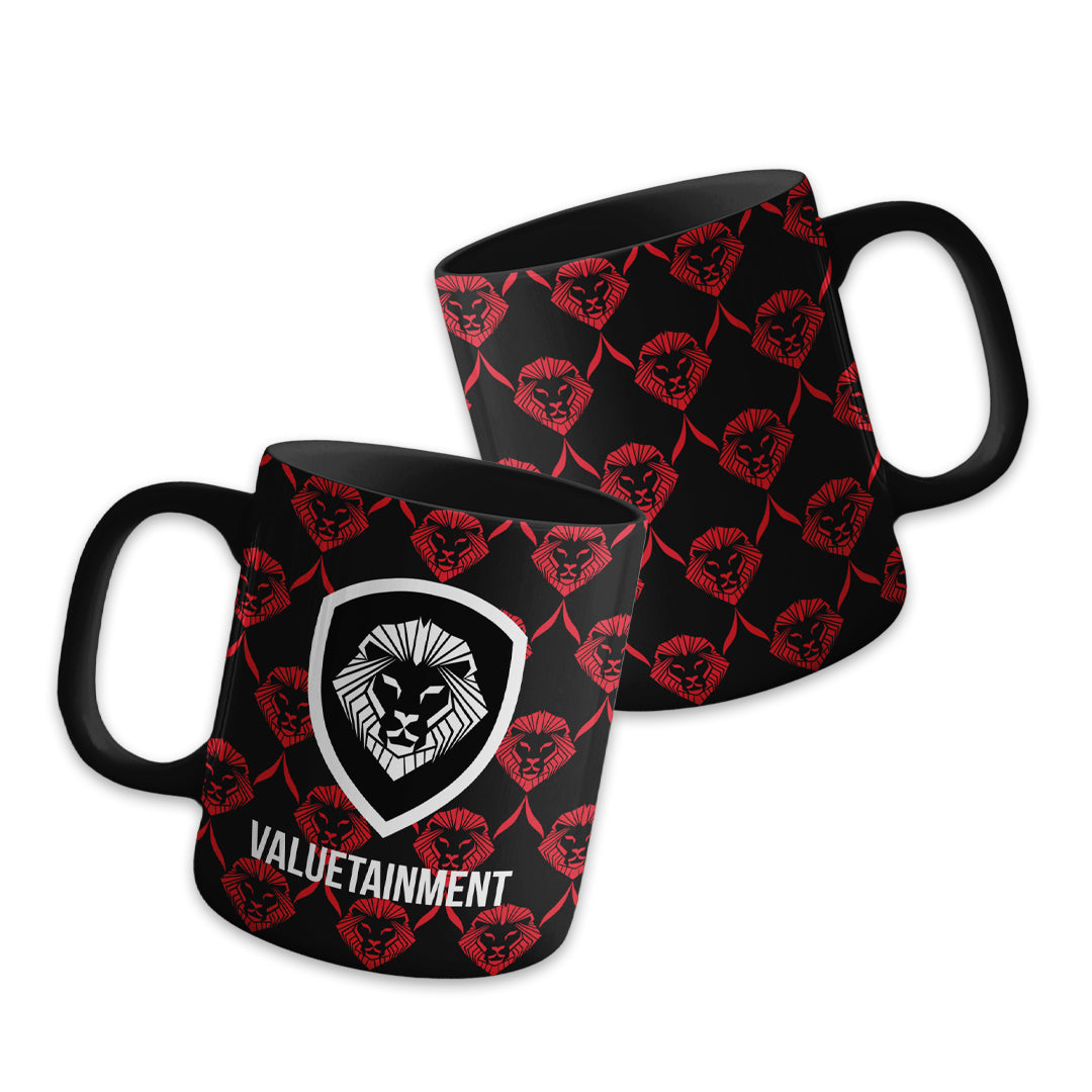 Future Looks Bright Black and Red Allover Print Lion Shield Mug