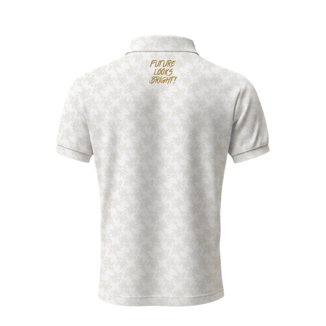 Future Looks Bright Royal Crest Allover Print Ivory and Gold Polo