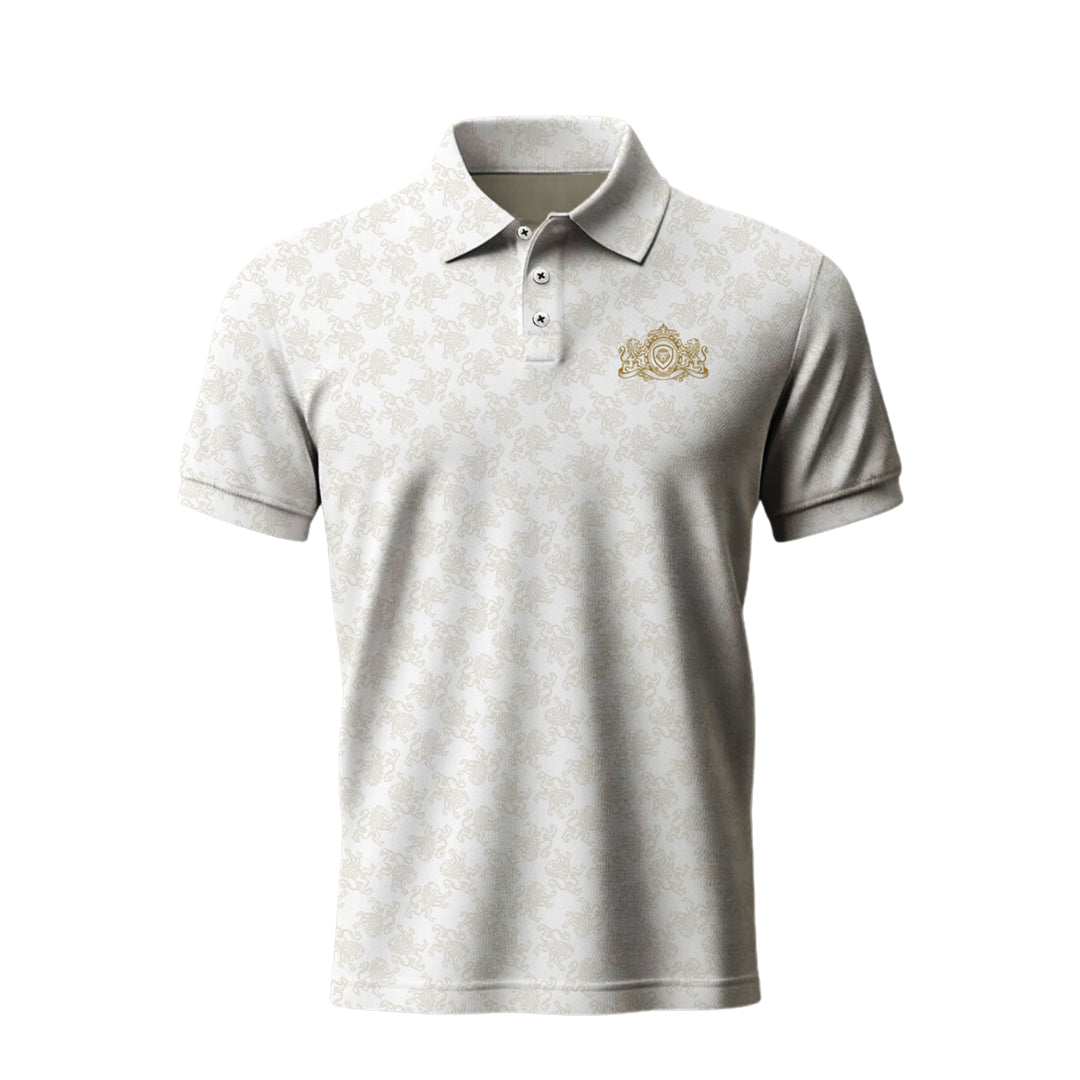 Future Looks Bright Royal Crest Allover Print Ivory and Gold Polo