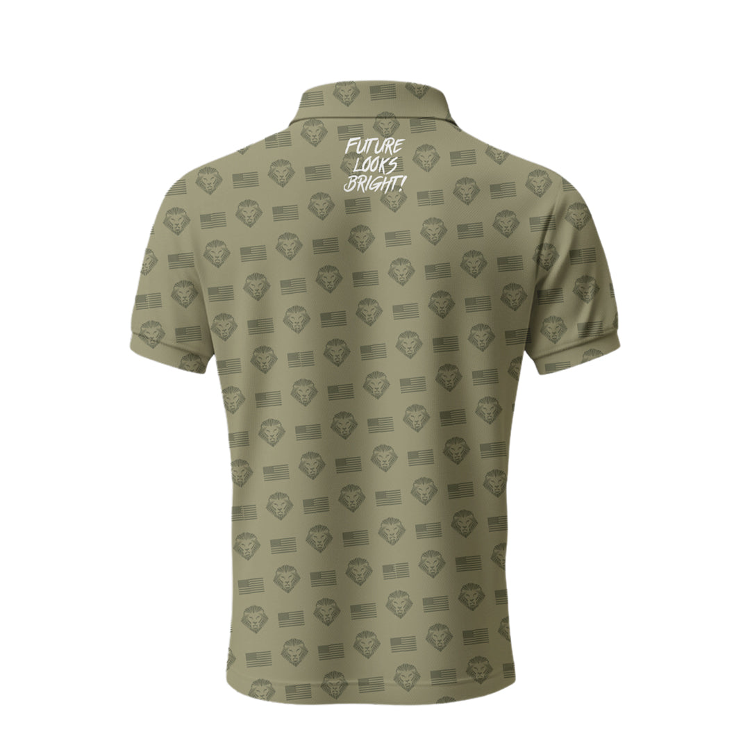 Future Looks Bright Allover Flag Lion Shield Print Army Green Polo