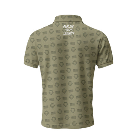 Future Looks Bright Allover Flag Lion Shield Print Army Green Polo