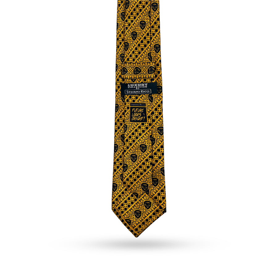 Valuetainment x Stefano Ricci Yellow & Black Diagonal Lion Shield Pattern Luxury TIe