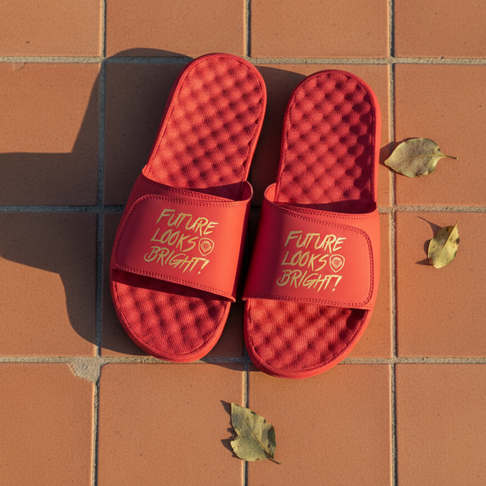 Future Looks Bright Lion Legacy Red & Gold Comfort Slides