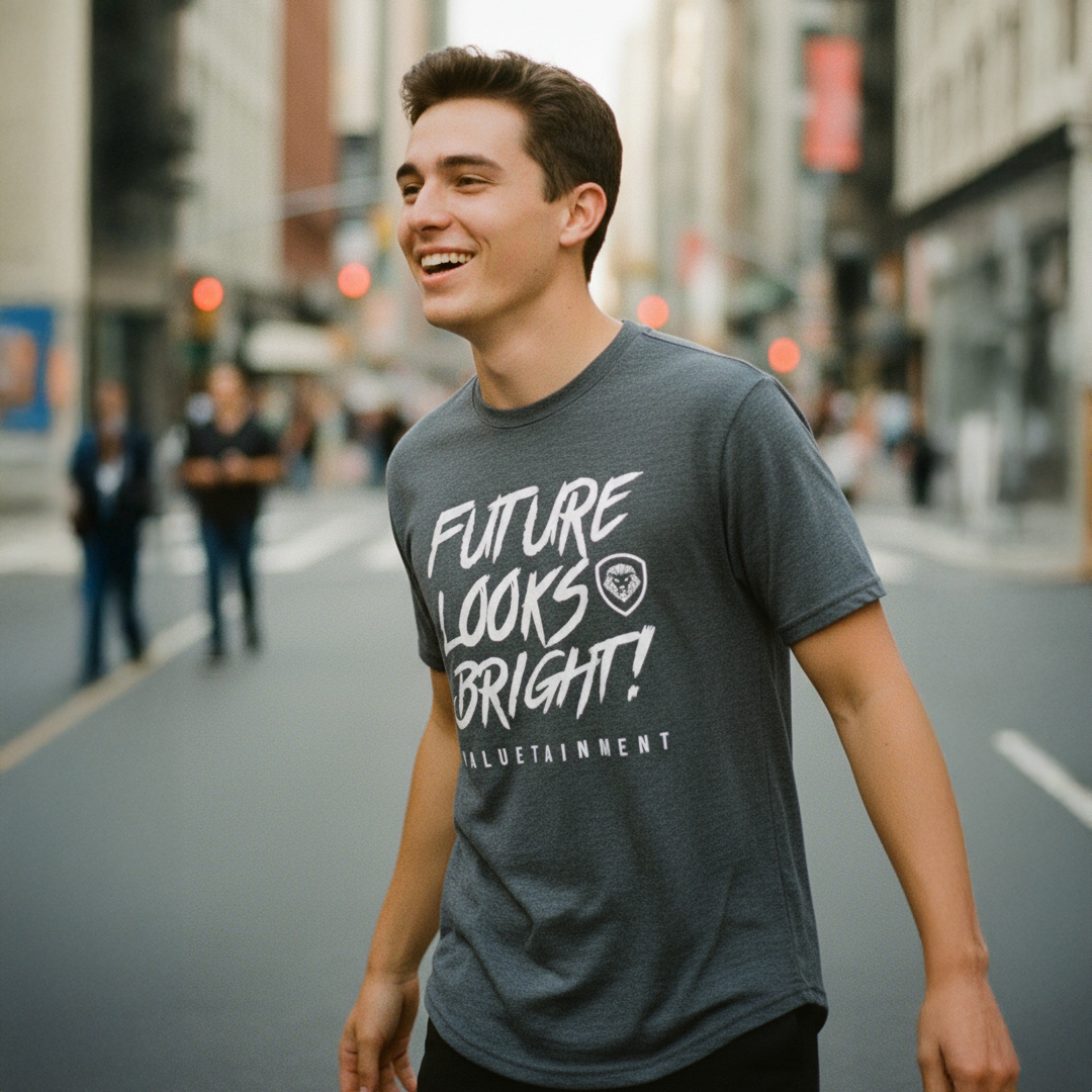 Future Looks Bright Premium Curved Hem Charcoal and White Short Sleeve T-Shirt